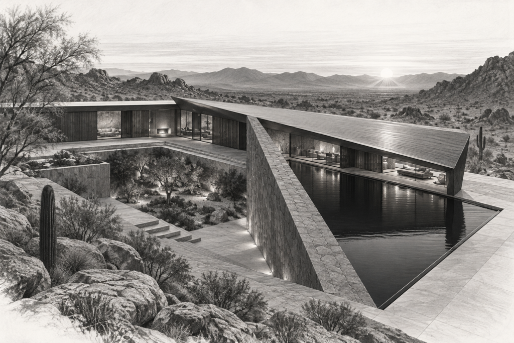 Luxury Real Estate Marketing Analytics: Precision Systems For Scale 1 Desert residence arranged around a triangular basalt court and a narrow reflecting pool.