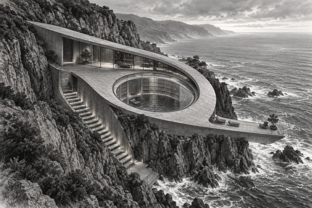 Cliff residence shaped as a crescent shell with a circular skylight and sea stair.
