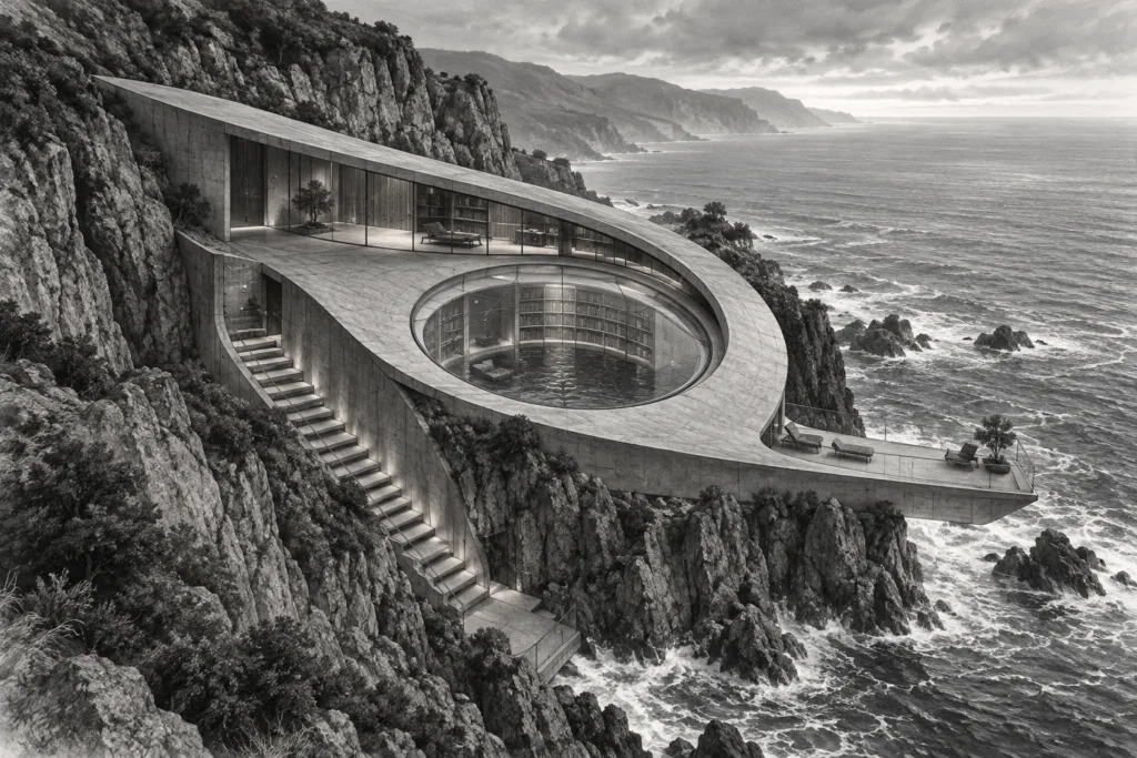 Luxury Real Estate Predictive Analytics For Market Dominance 1 Cliff residence shaped as a crescent shell with a circular skylight and sea stair.