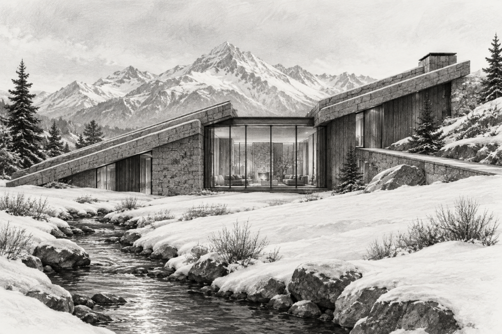 Emotional Intelligence Luxury Real Estate: Win Luxury Deals In 2025 1 Alpine residence with stepped granite roof planes, an sunroom and a snowmelt channel.
