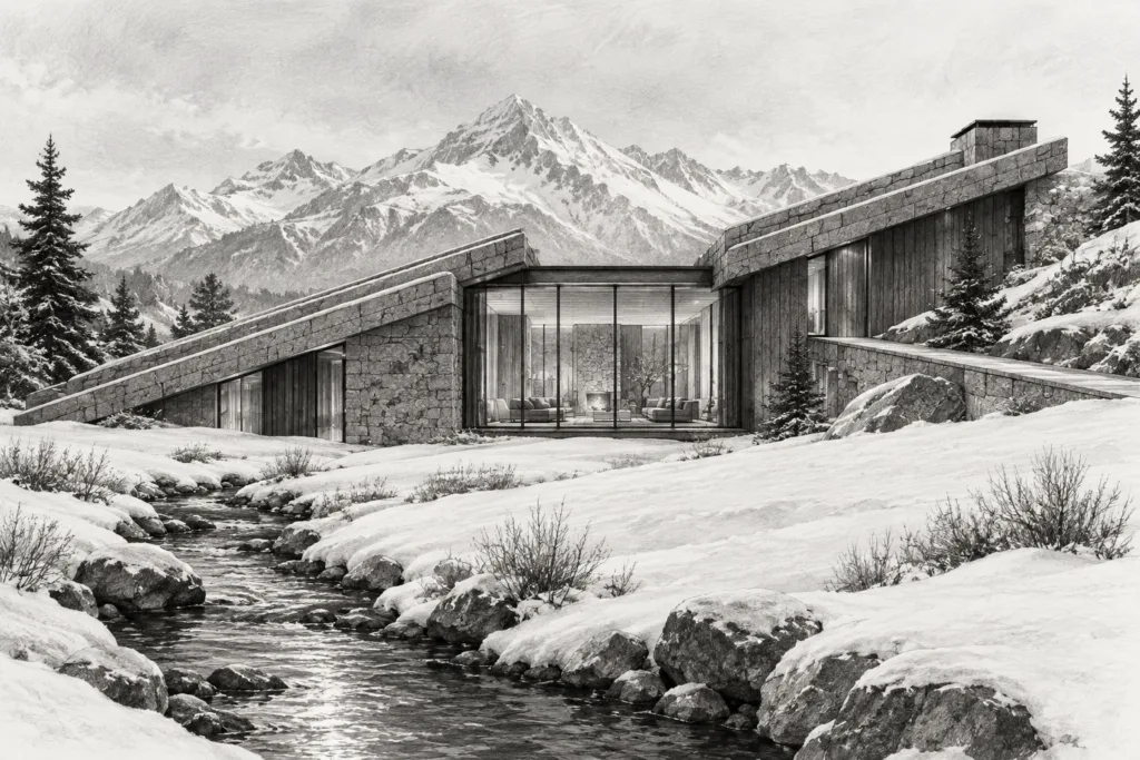 Alpine residence with stepped granite roof planes, an sunroom and a snowmelt channel.