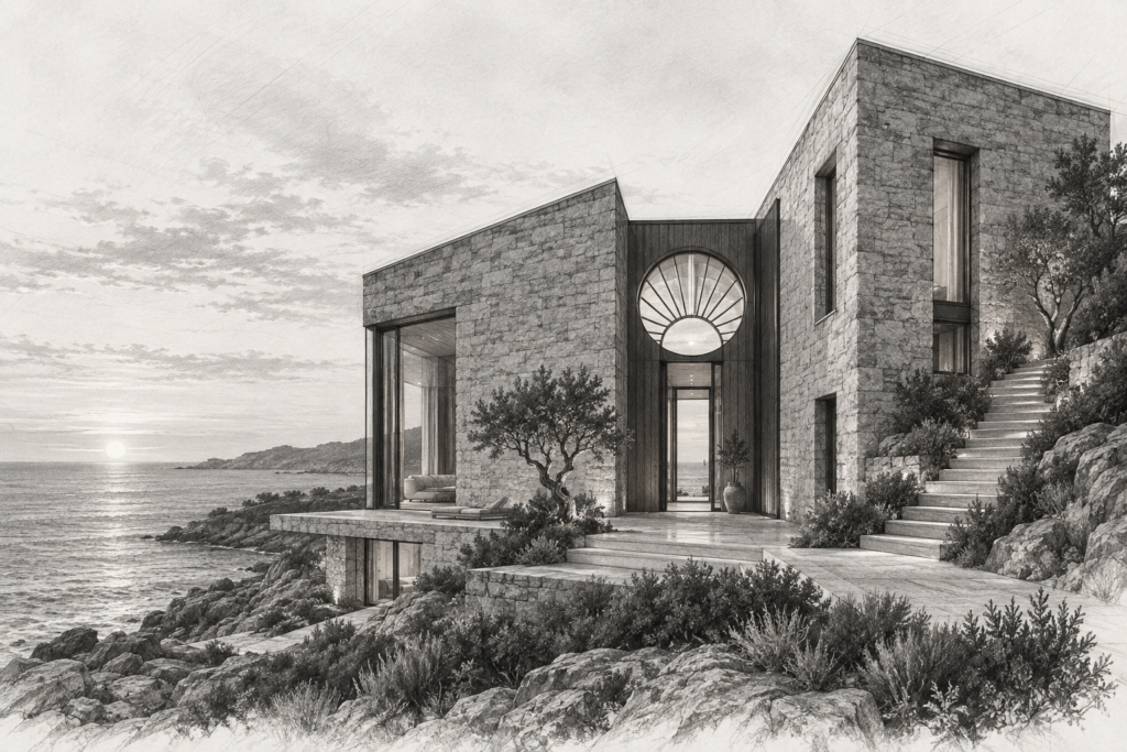 Decentralized Leadership In Luxury Real Estate: The Elite Operator Playbook 1 Coastal residence with unequal stone wings, a fanlight oculus and a wind cut terrace.