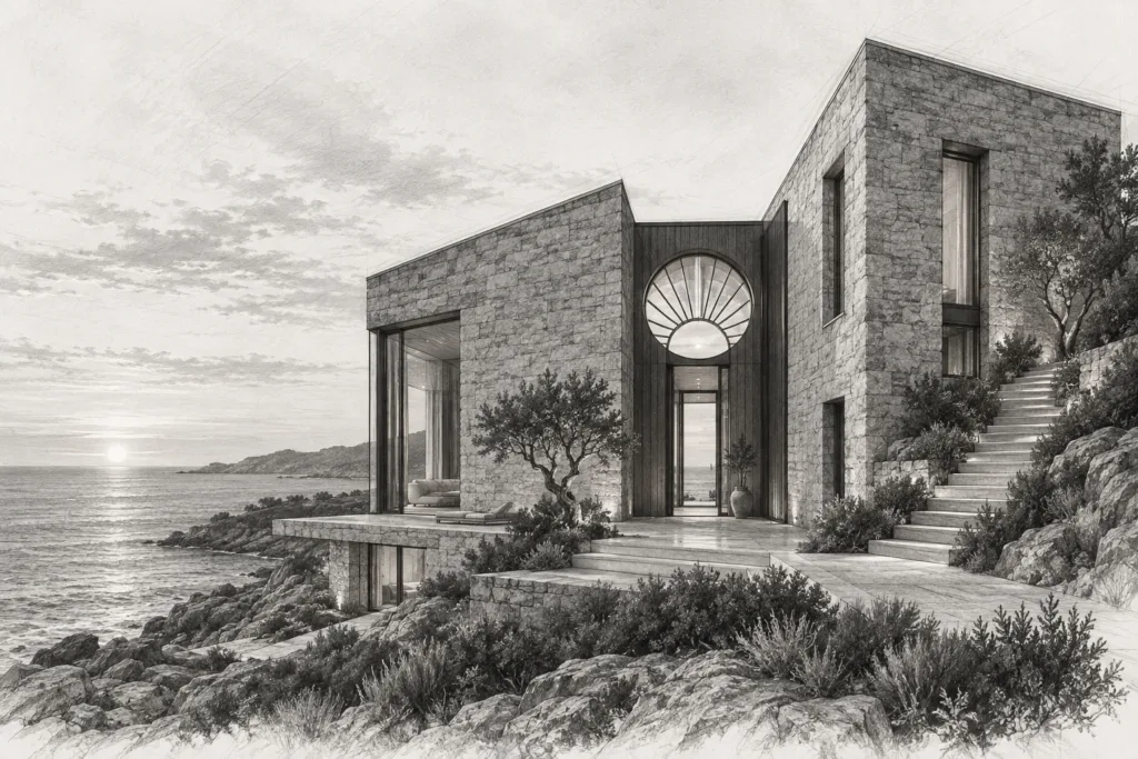 Coastal residence with unequal stone wings, a fanlight oculus and a wind cut terrace.