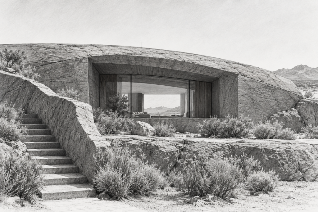 Desert stone-vault residence with a recessed window well and wind-carved wall.