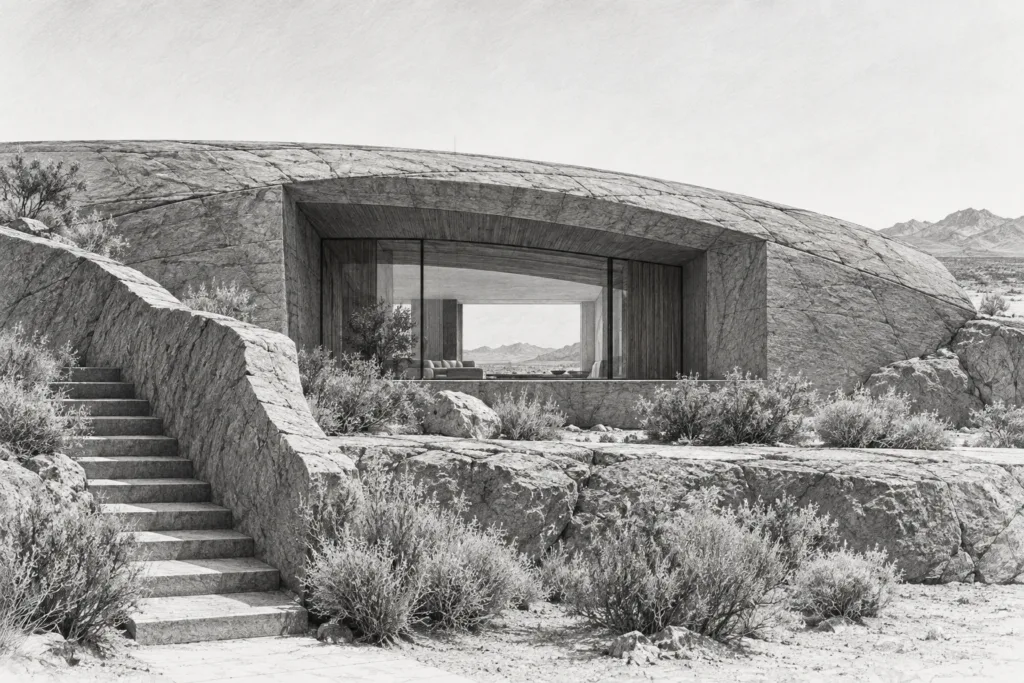 Precision Hiring Strategies For Luxury Real Estate Teams: Interviewing Hacks 1 Desert stone-vault residence with a recessed window well and wind-carved wall.