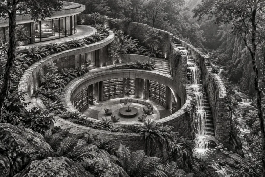Agile Innovation Workflow Luxury Real Estate: The Operator’s Blueprint 1 Terraced spiral shell residence in a wooded ravine with a sunken circular library and waterfall stair.