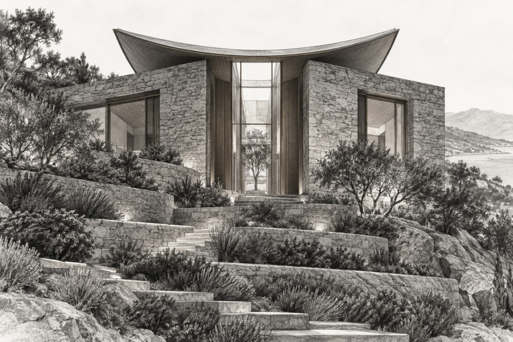 Luxury Real Estate Media Strategy For Brokerage-Scale Trust 1 Hillside residence with a crescent shell roof and vertical light well.