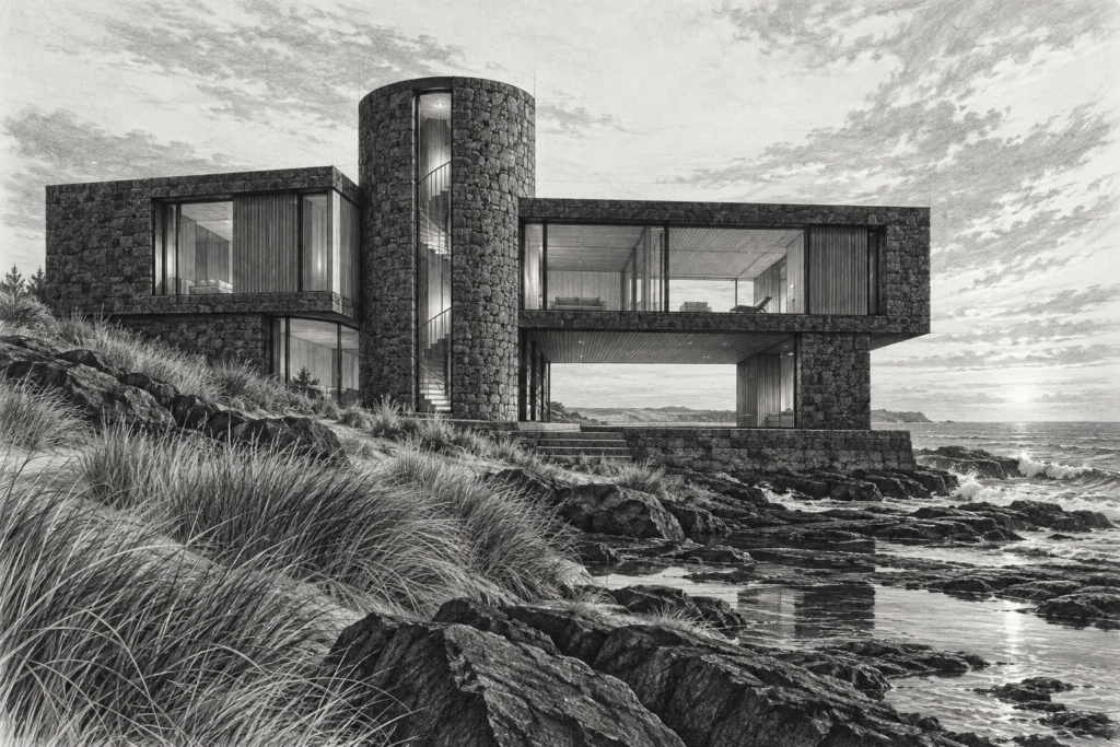 Luxury Real Estate Visual Marketing That Wins Listings And Shortens Dom 1 Oceanfront residence of offset basalt bars with a circular stair tower.