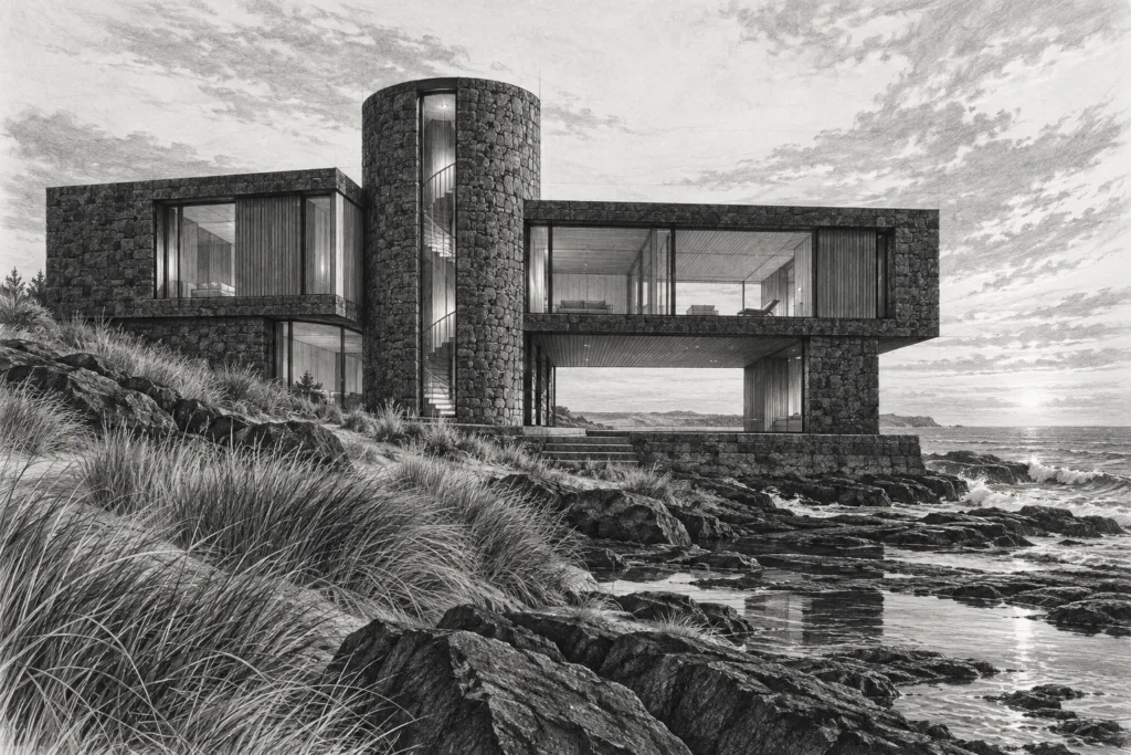 Oceanfront residence of offset basalt bars with a circular stair tower.