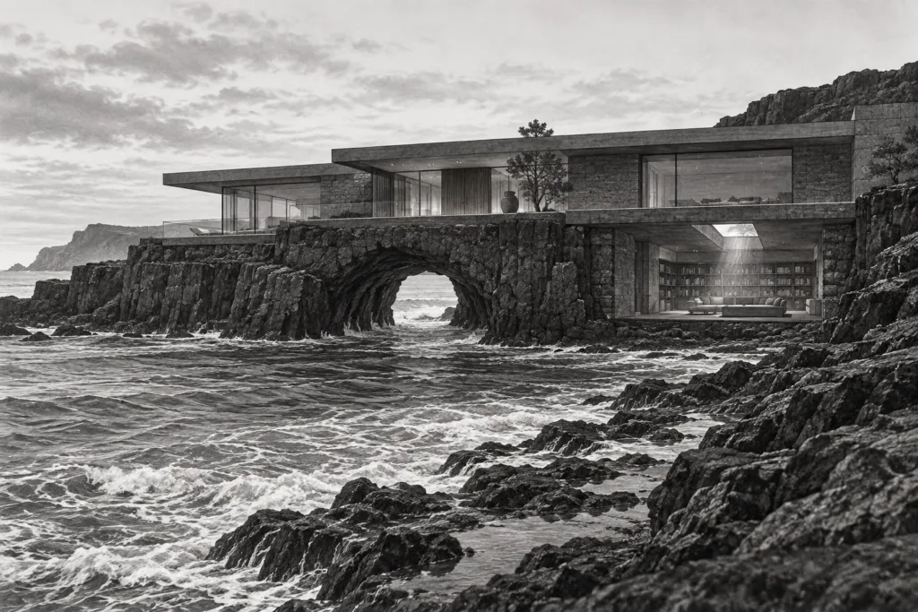 Luxury Real Estate Sops: Micro-Standards That Stop Revenue Leakage 1 Coastal basalt residence with an arched tide cut and sunken stone library.