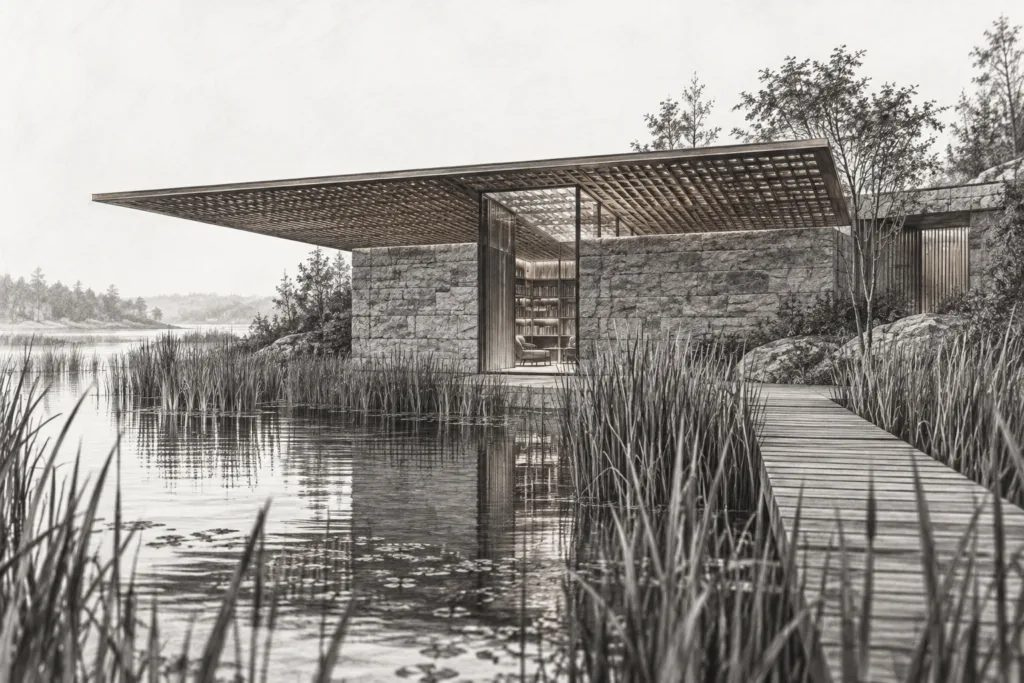 Luxury Real Estate Market Intelligence Through Strategic Networks 1 Wetland edge residence beneath a lattice canopy with a narrow glass gallery.