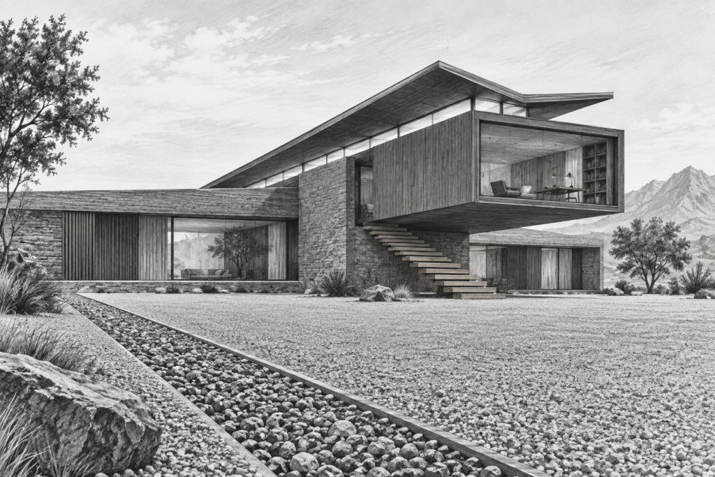 Luxury Real Estate Productivity Metrics That Protect Margin And Time 1 Long-span residence with a raised roof, cantilevered study, and gravel rill.
