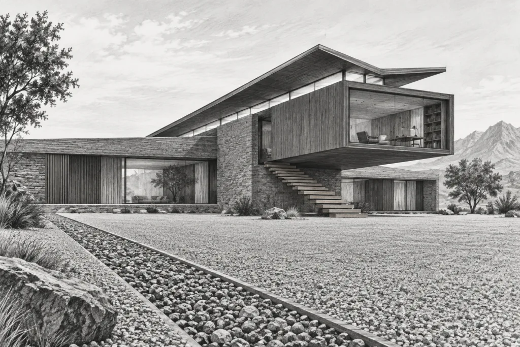Long-span residence with a raised roof, cantilevered study, and gravel rill.