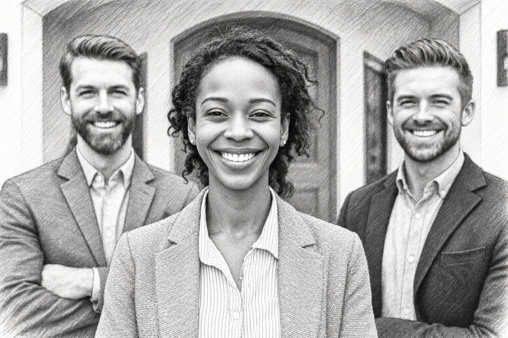 Luxury Real Estate Agent Recruitment Via Social: Strategies That Win 1 Three professionals standing together in a bright interior.
