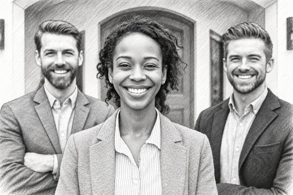 Three professionals standing together in a bright interior.
