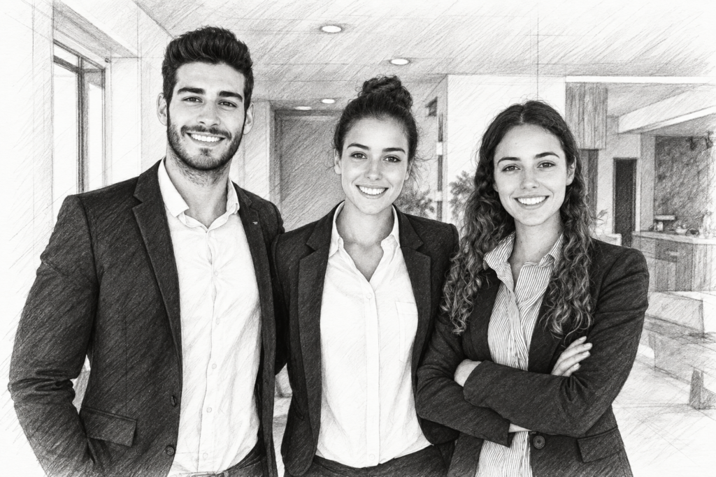 Luxury Real Estate Recruitment Strategy: A Competitive Weapon In 2025 1 Three adults standing together in a bright interior.