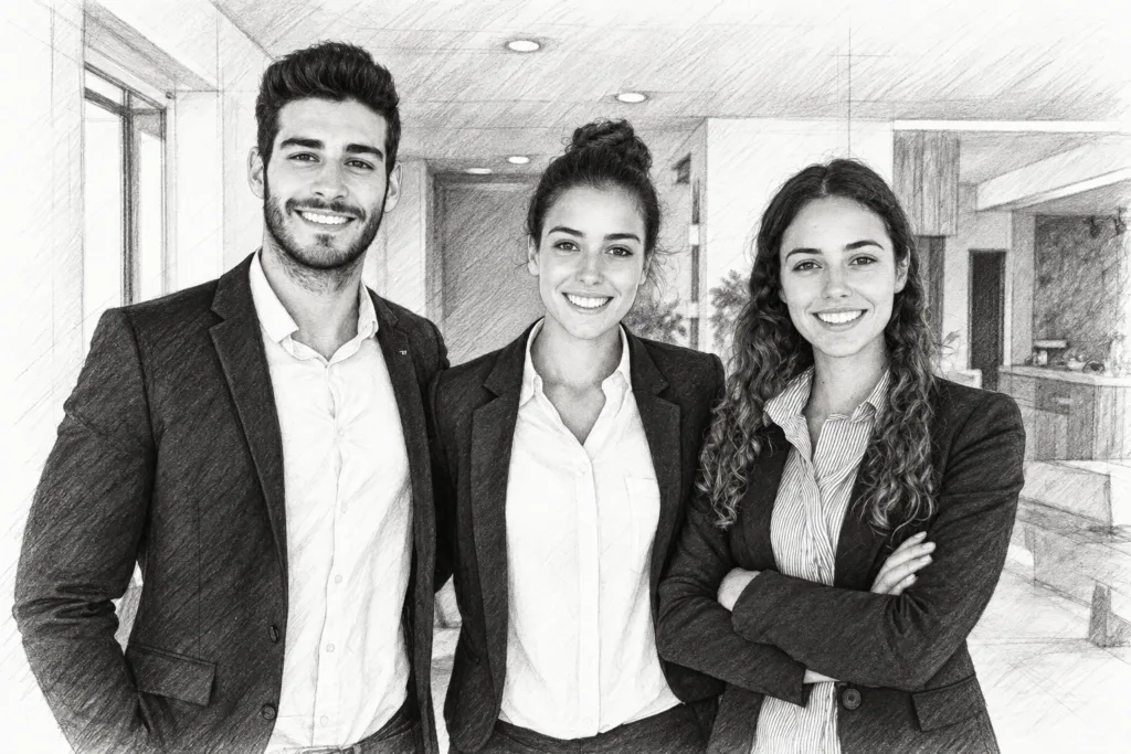 Three adults standing together in a bright interior.