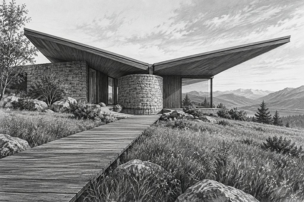Meadow residence beneath a broad butterfly roof with a central stone cistern and cedar walkway.
