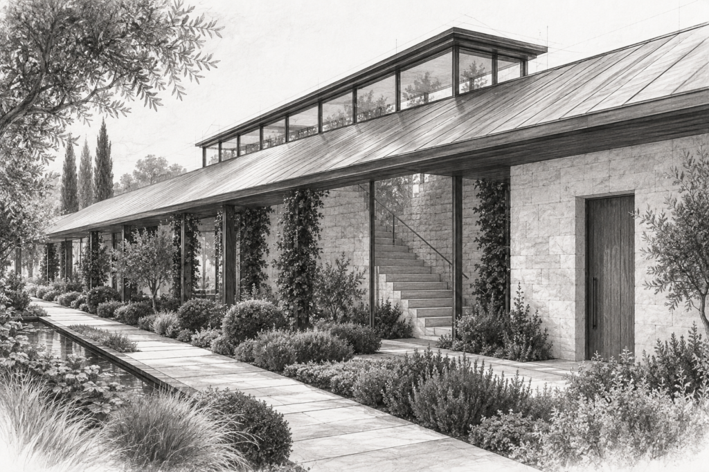Residence with cloister house, single span roof, raised roof monitor and stone service stair.