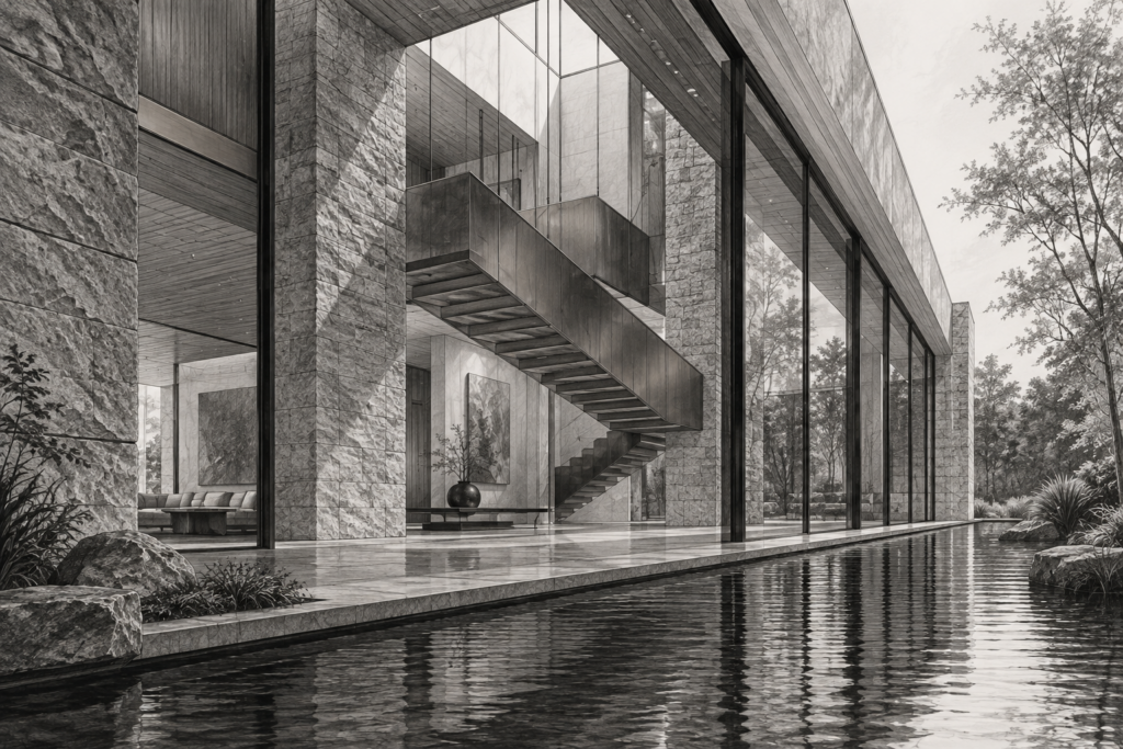 Split-stone residence with a suspended stair, vertical roof monitor and linear water garden.