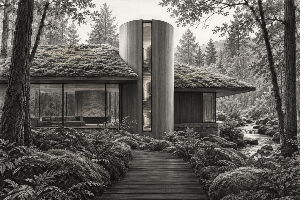 Mental Clarity For Luxury Real Estate Leaders: Precision Focus Mastery 1 Residence with spiral moss house, forest residence, spiral stair tower and moss roof slice.