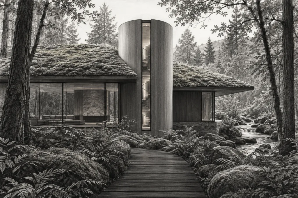 Mental Clarity For Luxury Real Estate Leaders: Precision Focus Mastery 1 Residence with spiral moss house, forest residence, spiral stair tower and moss roof slice.