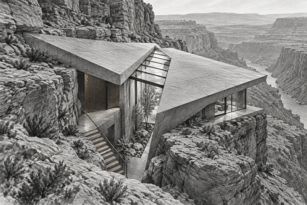 Luxury Real Estate Branding Strategies Built On Digital Identity 1 Canyon residence with a folded roof and skylit linear atrium.