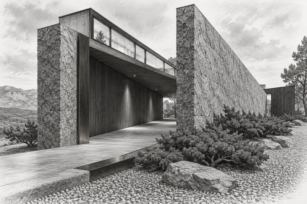 Luxury Real Estate Operations Efficiency: Unconventional Ops Hacks 1 Granite residence with parallel stone fins, covered ramp, and long clerestory.