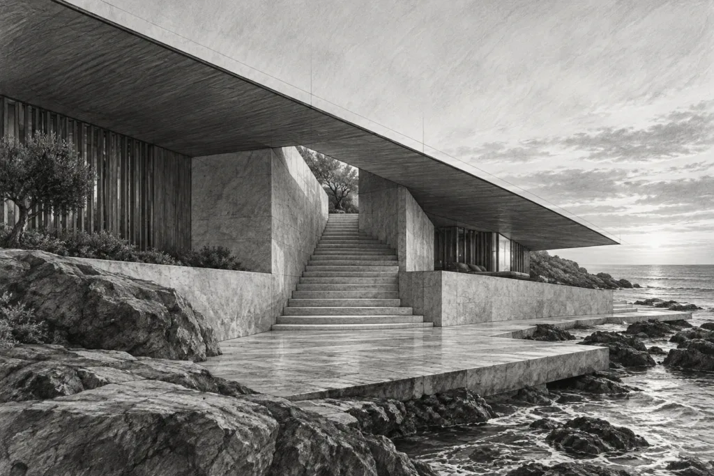 Luxury Real Estate Financing Strategies For Elite Brokerage Operators 1 Coastal residence beneath a sweeping roof plane with a stone stair and horizon slot.