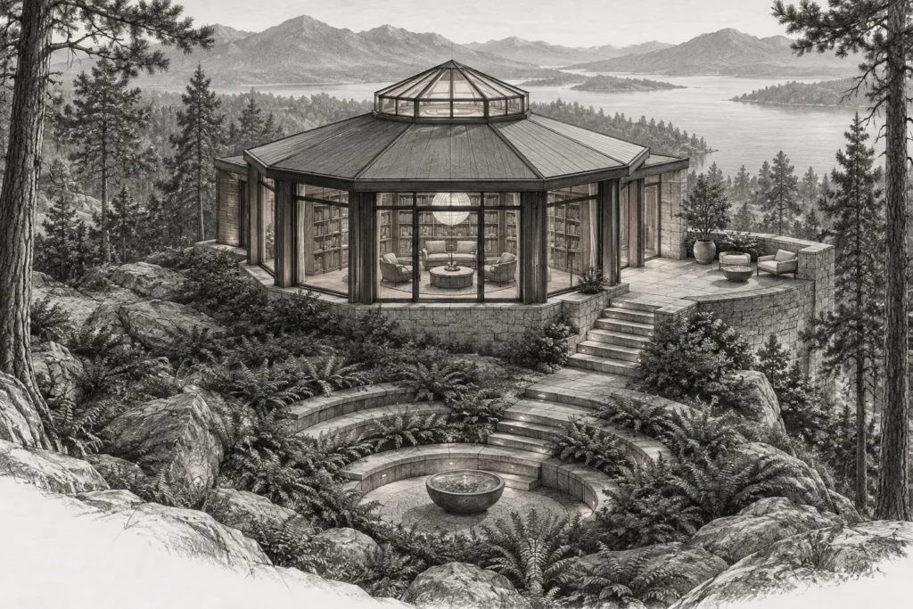 Luxury Real Estate Team Training For 2025 Market Domination 1 Residence with octagonal ridge house, eight sided library volume, sunken fern amphitheater and short stone stair.