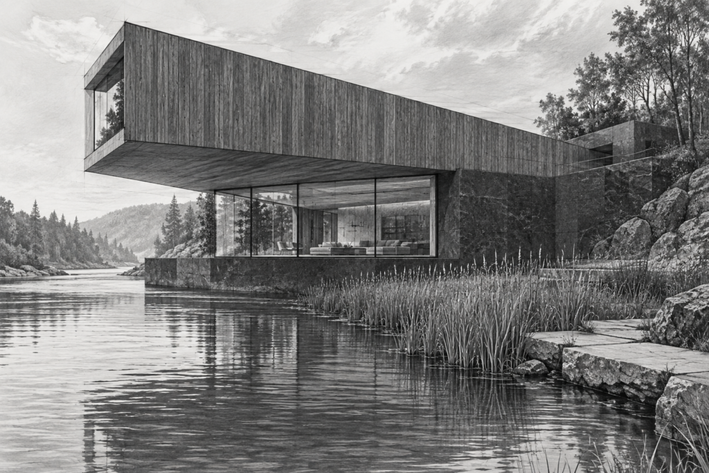 Wellness Metrics For Luxury Real Estate Teams: Performance Without Burnout 1 River residence with a floating timber wedge, glazed room, and waterline.