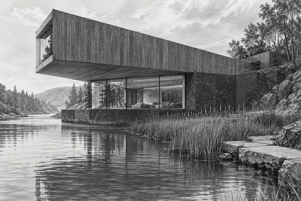 River residence with a floating timber wedge, glazed room, and waterline.
