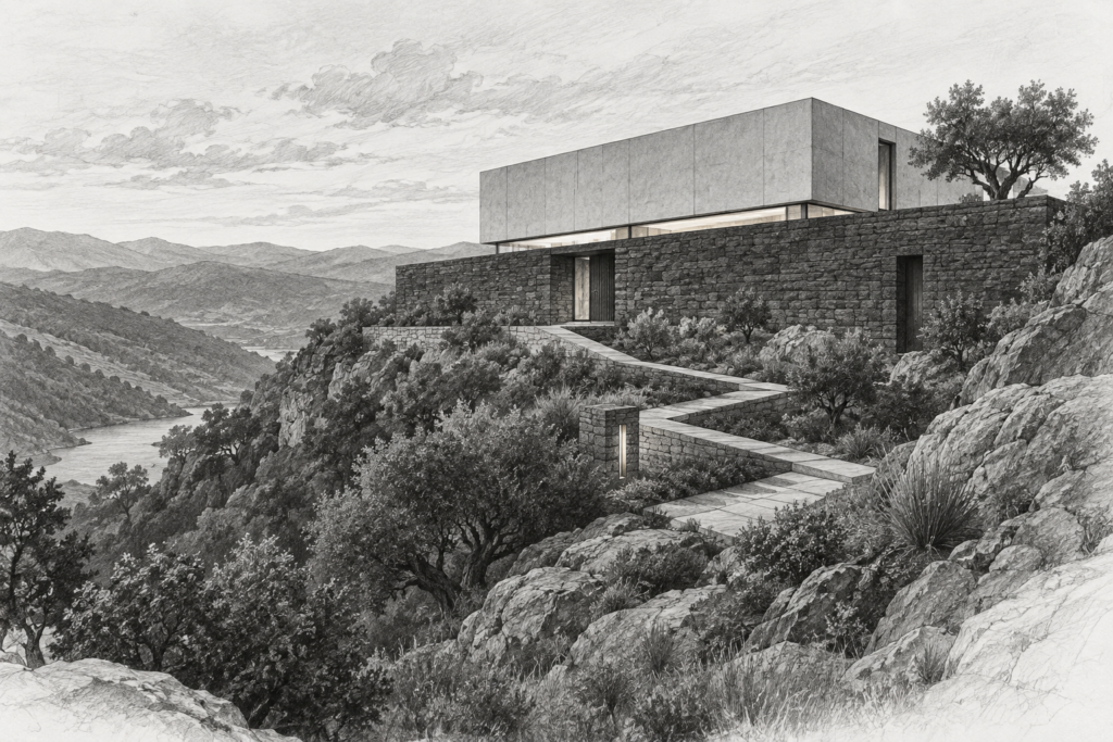 Luxury Real Estate Resilience Strategies For Volatile Markets 1 Two-level stone residence with a narrow clerestory and switchback path on a valley edge.