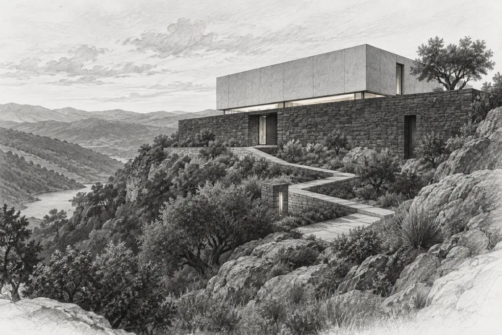 Luxury Real Estate Resilience Strategies For Volatile Markets 1 Two-level stone residence with a narrow clerestory and switchback path on a valley edge.