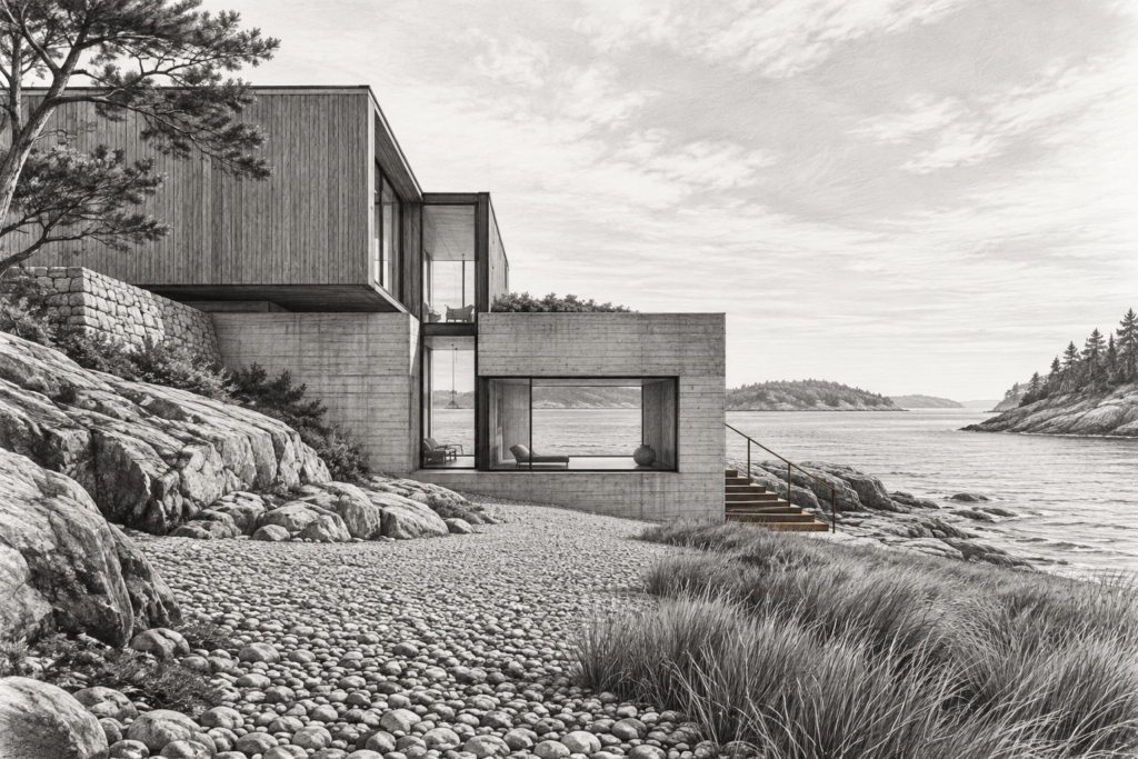Luxury Real Estate Tech Innovation: Micro-Moves That Actually Pay 1 Residence with coastal inlet house, split level tide house, recessed sea window and pebble forecourt.