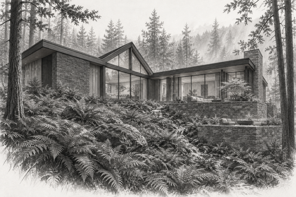 Luxury Real Estate Client Expectations: Architect The Win 1 Forest residence with an L-shaped plan, triangular clerestory, and stone terraces.