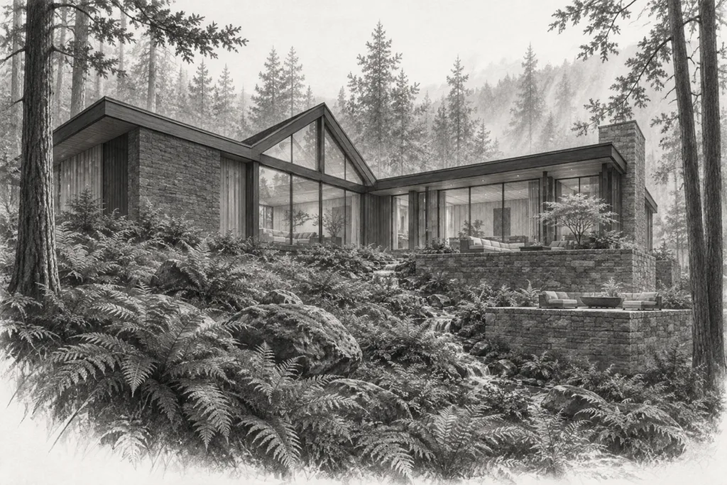 Forest residence with an L-shaped plan, triangular clerestory, and stone terraces.