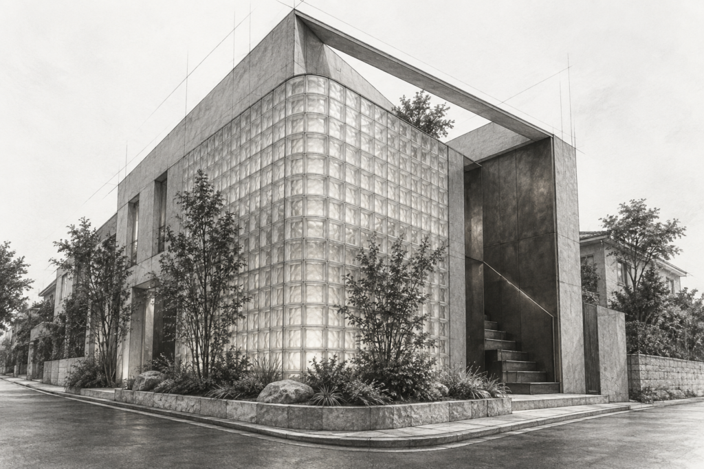 Luxury Real Estate Branding Strategies: Disruptive Visual Identity That Scales 1 Corner townhouse with stacked masonry volumes, a glass-brick facade and diagonal roof cut.