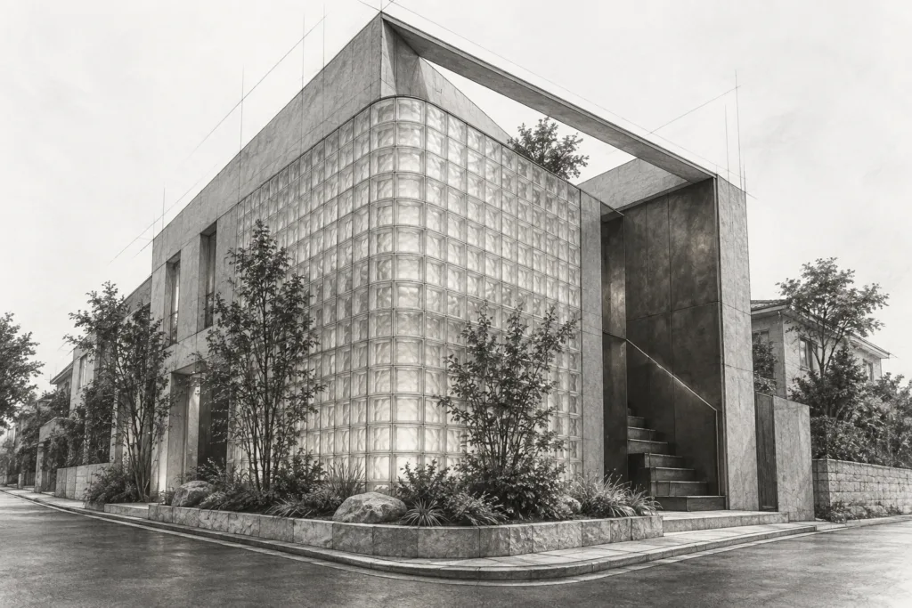 Corner townhouse with stacked masonry volumes, a glass-brick facade and diagonal roof cut.