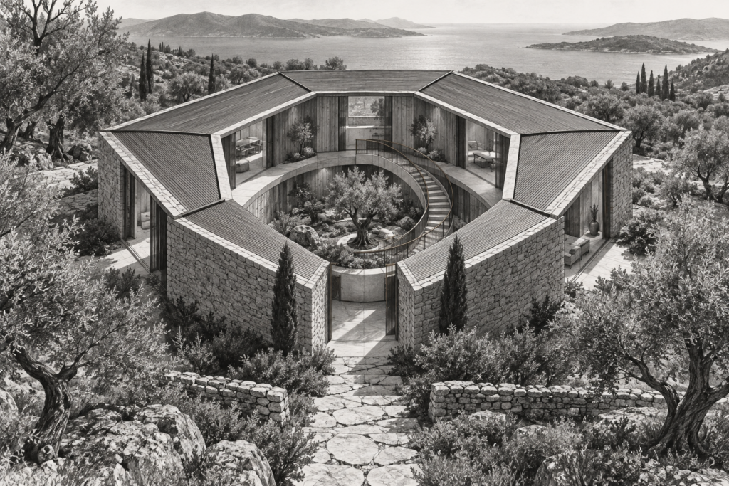 Residence with a hexagonal plan, sunken garden, and circular stair.