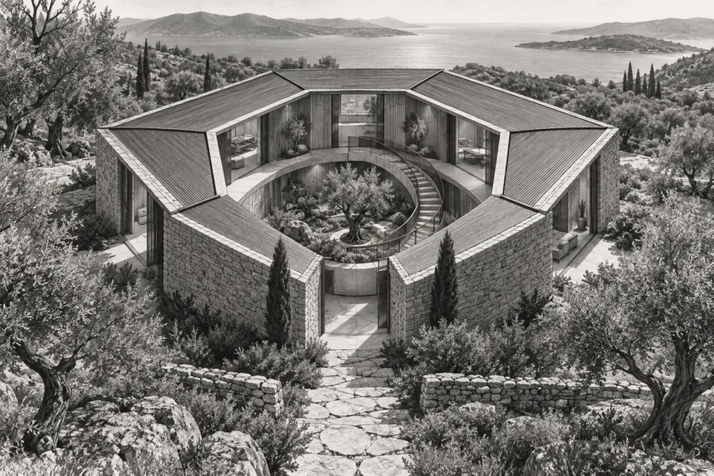 Luxury Real Estate Automation Tools: Scale Service Without Losing Craft 1 Residence with a hexagonal plan, sunken garden, and circular stair.