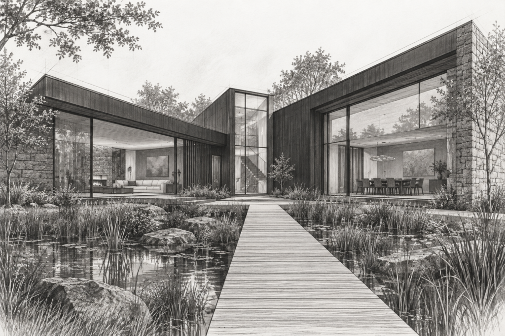 Luxury Property Showing Strategies: Emotional Design That Wins Offers 1 V-shaped residence with a glazed stair slot, rain garden and straight boardwalk.