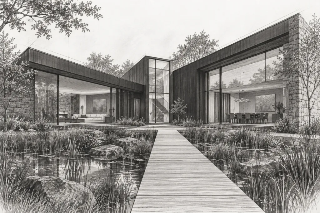 V-shaped residence with a glazed stair slot, rain garden and straight boardwalk.