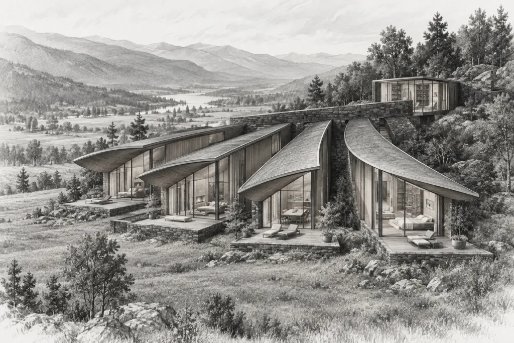 Luxury Real Estate Team Innovation: Disruptive Systems That Scale 1 Residence with five fan roof shells, shared stone spine, hillside meadow and single glazed reading room.