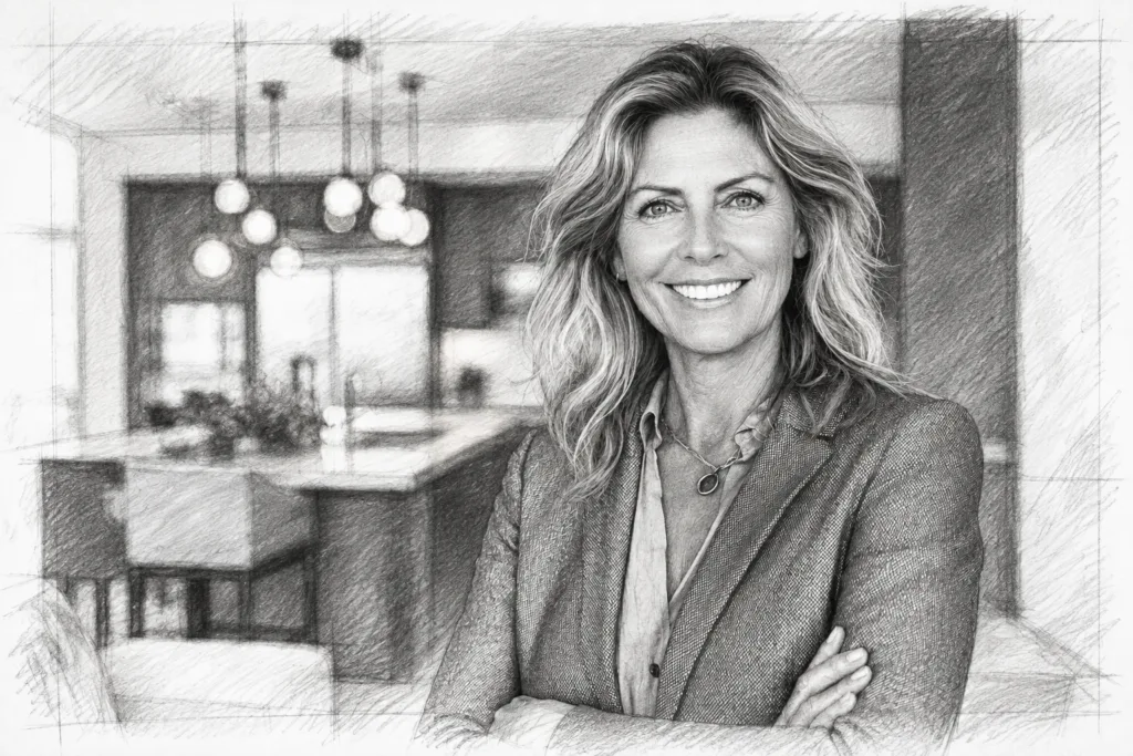 Smiling woman standing with arms crossed in a bright kitchen.