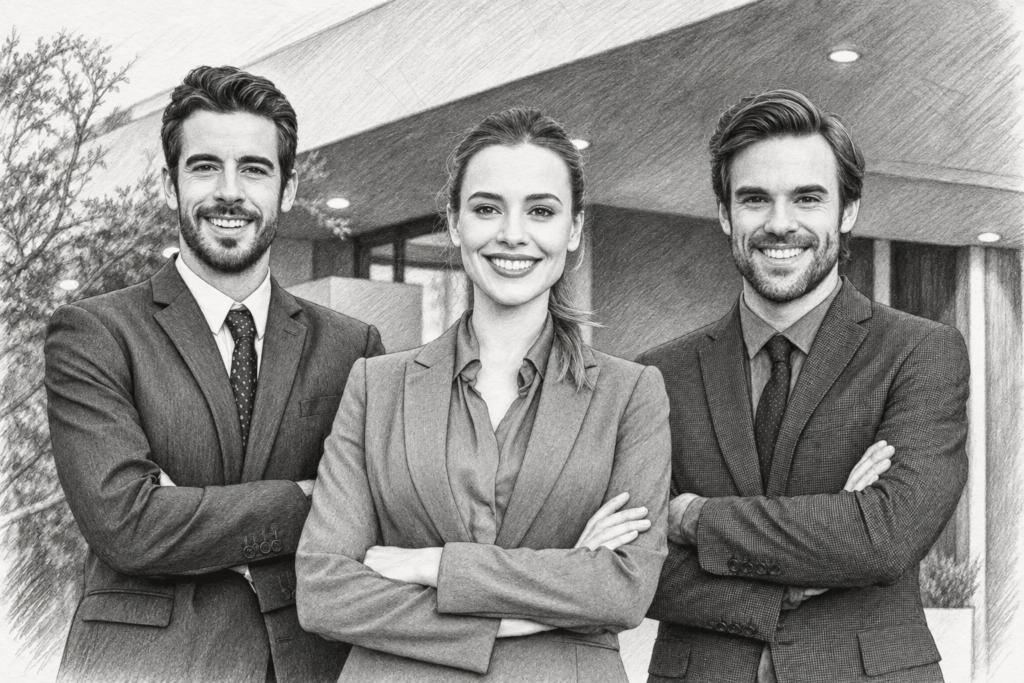 Three adults standing together in a bright interior.