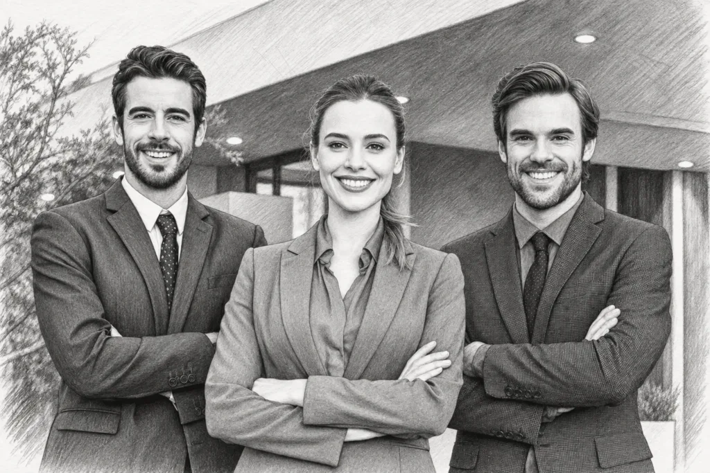 Three adults standing together in a bright interior.