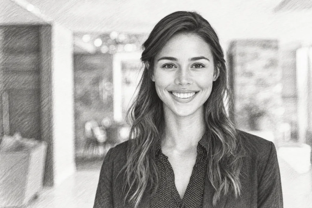 Smiling woman standing in a bright interior.