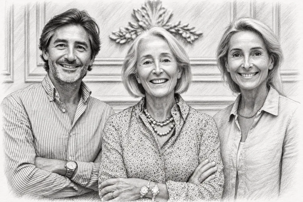 Three adults standing together in a bright interior.