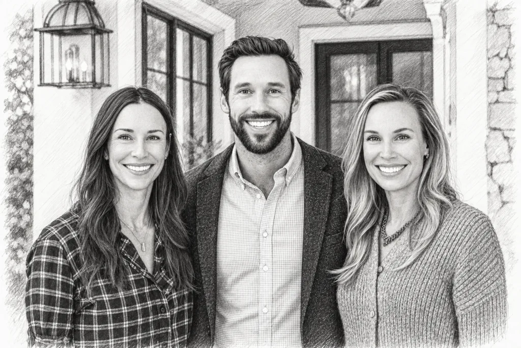 Three adults standing together in a bright interior.
